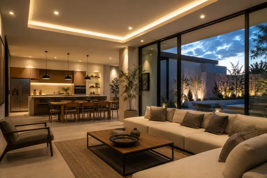 Sala de una casa contemporánea con iluminación LED cálida, grandes ventanales y diseño de concepto abierto.
