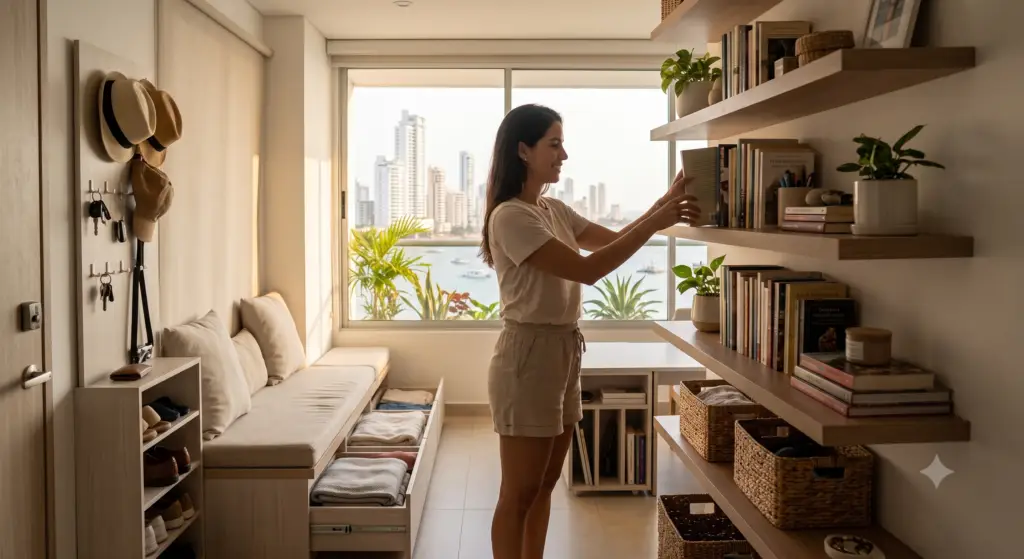 Imagen de una sala de estar moderna en Cartagena, Colombia, que muestra múltiples soluciones de almacenamiento inteligente, incluyendo estanterías flotantes, un banco de almacenamiento y un organizador de entrada. Una mujer colombiana está colocando un libro en un estante, ilustrando ideas para organizar una casa y aprovechar el espacio