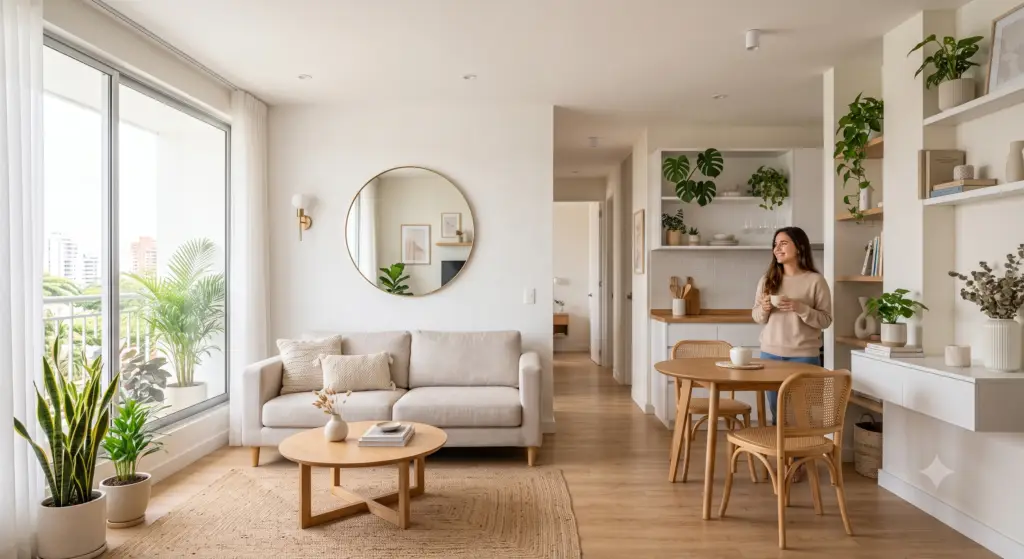 Una toma interior de una sala de estar moderna en un departamento pequeño, con un sofá beige frente a un gran espejo circular, una pequeña mesa de comedor de madera, y grandes ventanales que llenan el espacio de luz natural.
